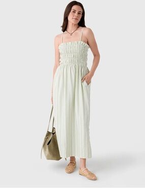 Smocked spaghetti Strap Maxi Dress in Light Green Stripe